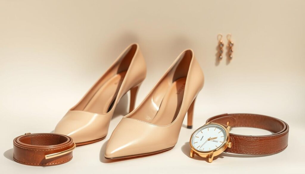 A stylish display featuring a pair of elegant nude pointed toe shoes set against a soft, neutral background to emphasize their sophistication. The shoes should have a sleek design with a subtle shine, expertly capturing light to highlight their curves. Surrounding the shoes, depict a selection of vertical accessories, such as a modern belt with a slim profile, statement earrings, and a chic watch, all arranged harmoniously without overwhelming the focal point. The composition should be shot from a slightly elevated angle, using soft, diffused lighting to create a bright and airy atmosphere. The mood is one of elegance and confidence, ideal for conveying the impact of accessories in enhancing a tailored look.