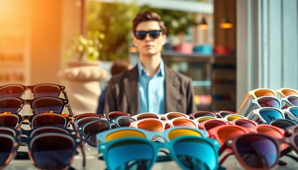A stylish display of assorted sunglasses, showcasing a variety of colors and styles that complement different face shapes. In the foreground, a sleek, organized selection of sunglasses is artfully arranged, featuring vibrant hues like rich tortoiseshell, bold black, crisp white, and vibrant pastel options. In the middle section, a sophisticated mannequin wearing a smart casual outfit models a pair of elegant sunglasses, highlighting how color and style enhance one's look. The background features a soft, blurred outdoor setting with warm sunlight filtering through, creating an inviting atmosphere. The entire scene is illuminated by natural light that accentuates the reflective lenses of the sunglasses, conveying a mood of fresh sophistication and effortless style. A stylish display of assorted sunglasses, showcasing a variety of colors and styles that complement different face shapes. In the foreground, a sleek, organized selection of sunglasses is artfully arranged, featuring vibrant hues like rich tortoiseshell, bold black, crisp white, and vibrant pastel options. In the middle section, a sophisticated mannequin wearing a smart casual outfit models a pair of elegant sunglasses, highlighting how color and style enhance one's look. The background features a soft, blurred outdoor setting with warm sunlight filtering through, creating an inviting atmosphere. The entire scene is illuminated by natural light that accentuates the reflective lenses of the sunglasses, conveying a mood of fresh sophistication and effortless style.