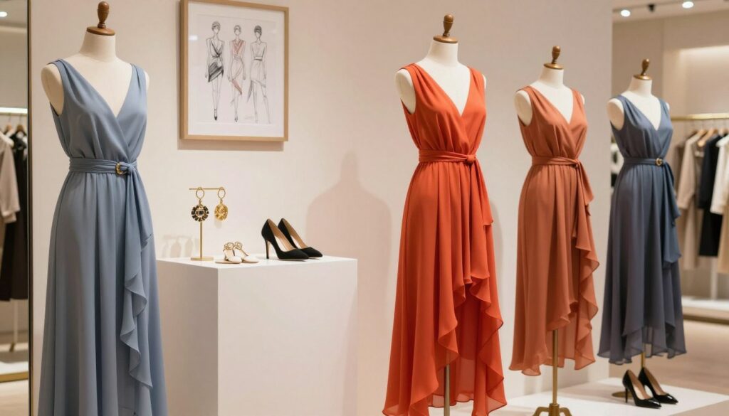 A stylish display of elegant dresses and skirts tailored for tall figures, arranged on a chic mannequin in a well-lit boutique. The foreground features a variety of flattering outfits, including a flowing maxi dress with a cinched waist and a high-low skirt in vibrant colors, showcasing different textures like chiffon and cotton. In the middle ground, there are accessories like statement belts and high heels, enhancing the fashionable look. The background consists of soft, neutral-colored walls with elegant fashion sketches framed on them, creating a sophisticated atmosphere. The lighting is bright yet soft, highlighting the details of the fabrics and cuts, with a shallow depth of field to draw focus on the clothing items. The mood is confident and empowering, perfectly illustrating style options for tall women.