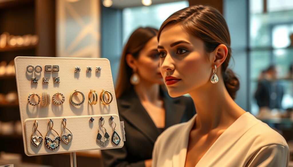 A stylish display of elegant earrings designed for various face shapes, showcasing a diverse array of styles including hoops, studs, and drop earrings. In the foreground, feature an elegant stand with multiple pairs of earrings that complement different face shapes: oval, round, square, and heart. The middle ground should include a soft-focus, professionally dressed model wearing a pair of earrings that enhance her face shape, showcasing an expression of confidence and style. The background should be a subtly blurred boutique environment with warm, inviting lighting that highlights the earrings' details. Capture the image with a high-quality lens, angled to emphasize the earrings while maintaining a balanced composition, evoking a mood of sophistication and allure.