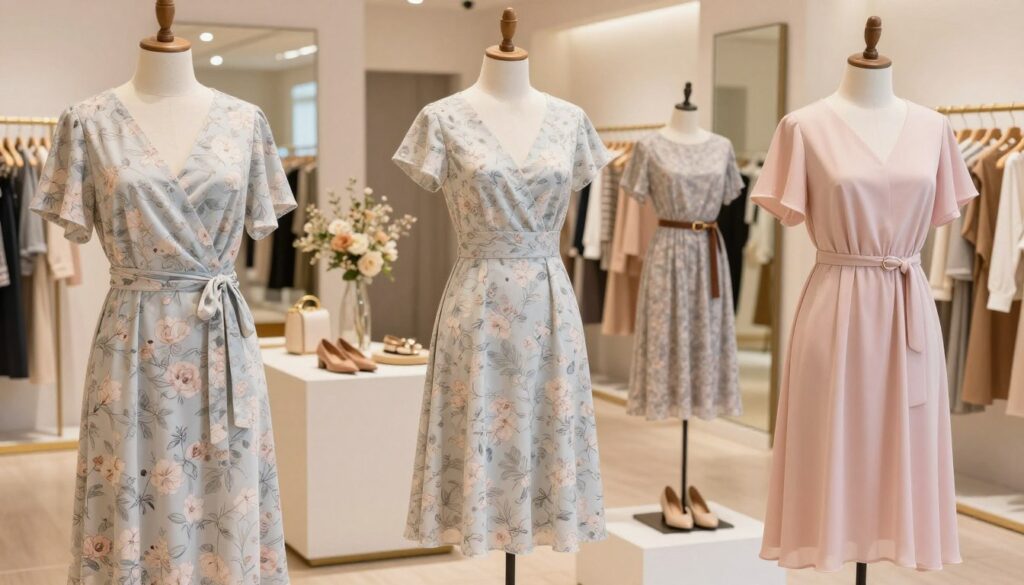 A stylish display of flattering dress styles for an apple body shape, set in a bright and airy boutique. In the foreground, showcase three elegant dresses: a wrap dress with a cinched waist, an A-line dress that gracefully skims the body, and a tunic-style dress with a flowy silhouette. The garments should be in soft pastel colors, adorned with subtle floral patterns to enhance femininity. In the middle ground, include a chic mannequin showcasing one of the dresses, while fashion accessories like belts and shoes are tastefully placed nearby. The background displays a well-lit, modern interior with elegant mirrors and minimalistic decor, conveying an inviting, cheerful atmosphere. The lighting should be warm and soft, enhancing the textures and colors of the fabrics. Capture the scene from a slightly elevated angle to provide a comprehensive view of the dress styles.