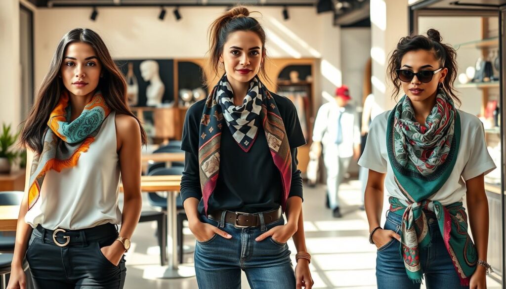 A stylish display of modern silk scarf trends featuring a diverse group of three individuals, each showcasing different scarf styling techniques. In the foreground, one person elegantly drapes a vibrant scarf around their neck, while another ties a bold pattern beautifully in their hair. The third individual creatively utilizes a scarf as a belt, highlighting versatility. The middle ground includes a chic café setting with soft lighting, creating an inviting atmosphere. The background displays an urban boutique with fashionable accessories on display. Natural sunlight filters through, casting gentle shadows, enhancing the colors and textures of the silk. The mood is trendy and playful, capturing the essence of contemporary fashion in a relaxed yet stylish environment. A stylish display of modern silk scarf trends featuring a diverse group of three individuals, each showcasing different scarf styling techniques. In the foreground, one person elegantly drapes a vibrant scarf around their neck, while another ties a bold pattern beautifully in their hair. The third individual creatively utilizes a scarf as a belt, highlighting versatility. The middle ground includes a chic café setting with soft lighting, creating an inviting atmosphere. The background displays an urban boutique with fashionable accessories on display. Natural sunlight filters through, casting gentle shadows, enhancing the colors and textures of the silk. The mood is trendy and playful, capturing the essence of contemporary fashion in a relaxed yet stylish environment.