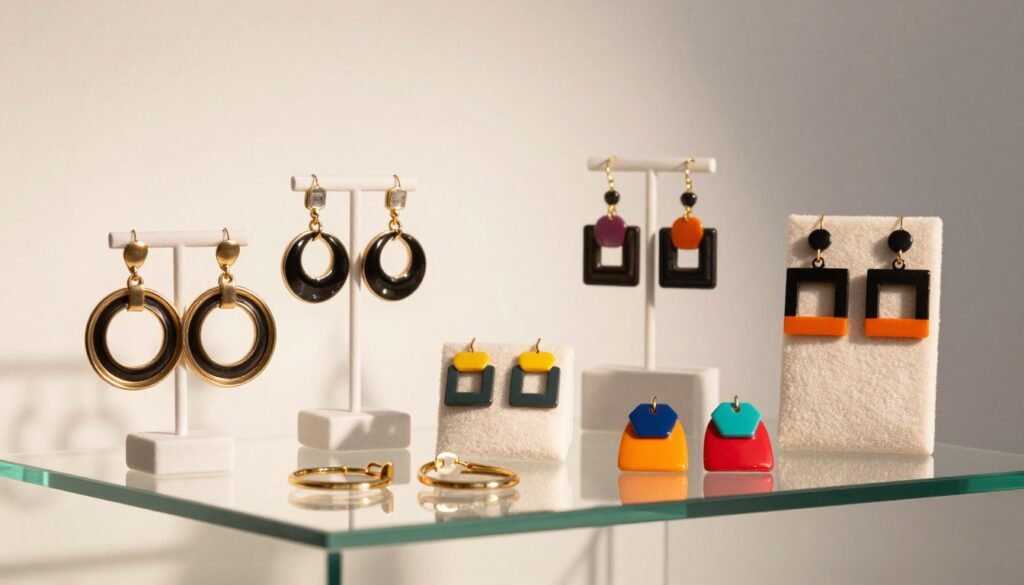 A stylish display of statement earrings arranged artistically on a sleek glass surface. In the foreground, highlight a variety of bold earring designs, including oversized hoops, intricate geometric shapes, and vibrant color combinations. The earrings should be presented on elegant stands or nestled in plush fabric, creating an eye-catching focal point. In the middle ground, include subtle reflections and shadows that enhance the depth of the image. The background should feature a soft, neutral gradient that complements the earrings without being distracting. The lighting is bright and diffused, casting a warm glow to evoke a chic and sophisticated atmosphere, as well as highlighting the texture and detail of the earrings. Aim for a clean, modern composition ideal for fashion enthusiasts. A stylish display of statement earrings arranged artistically on a sleek glass surface. In the foreground, highlight a variety of bold earring designs, including oversized hoops, intricate geometric shapes, and vibrant color combinations. The earrings should be presented on elegant stands or nestled in plush fabric, creating an eye-catching focal point. In the middle ground, include subtle reflections and shadows that enhance the depth of the image. The background should feature a soft, neutral gradient that complements the earrings without being distracting. The lighting is bright and diffused, casting a warm glow to evoke a chic and sophisticated atmosphere, as well as highlighting the texture and detail of the earrings. Aim for a clean, modern composition ideal for fashion enthusiasts.