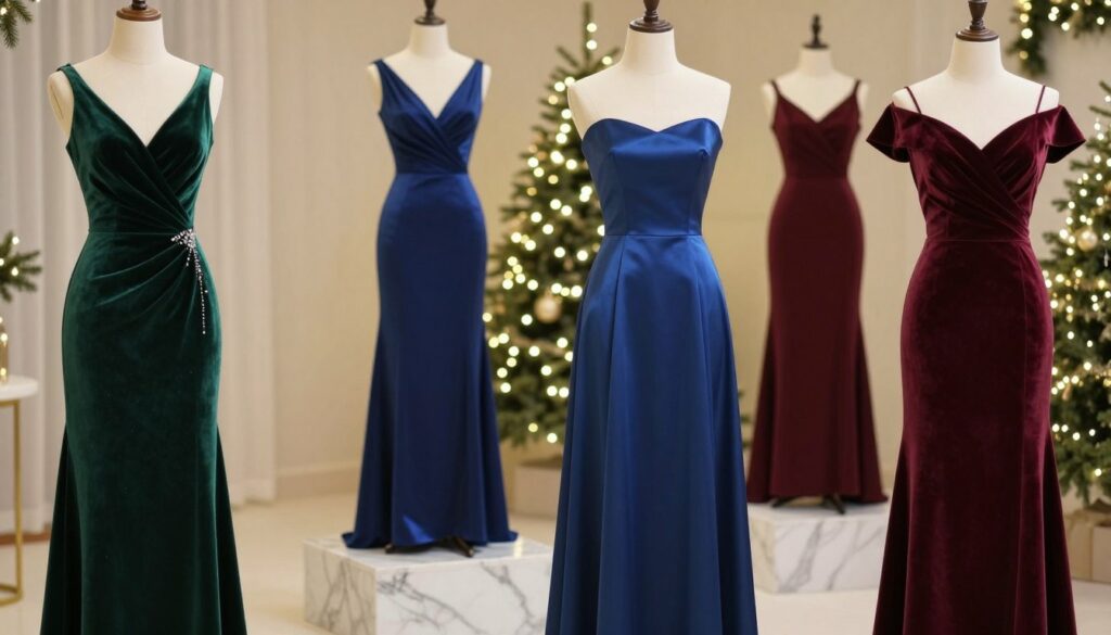 A stylish display of trending velvet and satin party dresses for Christmas 2025. In the foreground, showcase several elegant dresses in rich colors like deep emerald green, royal blue, and classic burgundy, adorned with subtle embellishments. The middle ground features mannequins dressed in these gowns, elegantly posed on marble pedestals. The background is a softly lit, festive setting with twinkling fairy lights and a hint of evergreen branches to evoke a holiday spirit. Use soft, warm lighting to create an inviting atmosphere, and a 50mm lens angle to capture the intricate fabric textures. Aim for a mood of celebration and sophistication, perfect for a holiday occasion. The image should be clean of any text or branding elements.