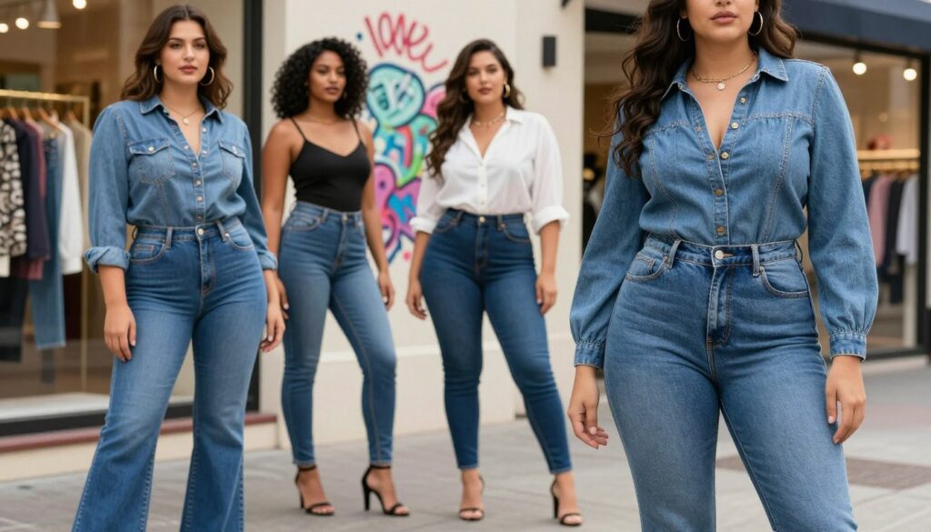 A stylish display of trendy denim styles for curvy women, featuring a group of diverse models in a variety of fashionable jeans. In the foreground, highlight a model wearing high-waisted flared jeans paired with a fitted blouse, elegantly accentuating her curves. In the middle, showcase two models: one in trendy mom jeans and the other in skinny jeans, both with fashionable tops and accessories that reflect contemporary styles. The background should include a vibrant urban setting with soft-focus elements like graffiti art and fashionable boutiques. Use natural light to create a warm, inviting atmosphere, and capture the scene from a slightly elevated angle, emphasizing the unique styles and confident expressions of the models, conveying empowerment and fashion-forward thinking.