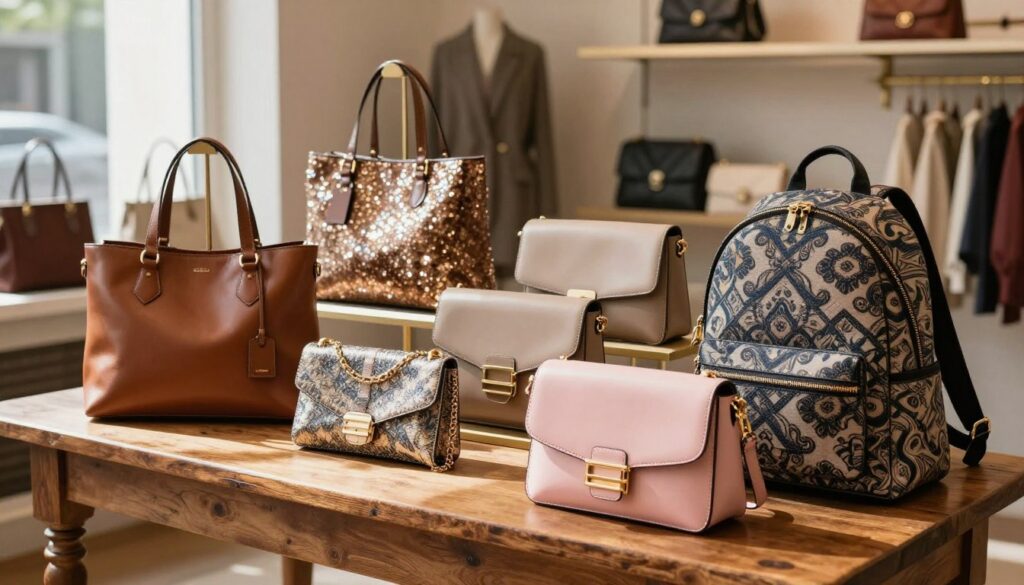 A stylish display of various handbag styles showcased elegantly on a vintage wooden table. In the foreground, a classic leather tote in rich brown, a chic crossbody bag in pastel pink, and a fashionable backpack with intricate patterns. In the middle, a variety of clutches, including sequined evening bags and modern minimalist designs. Soft, natural light filters in from a nearby window, casting gentle shadows that highlight the textures of the materials. The background features a blurred boutique interior, adorned with fashionable decor and additional handbags displayed on elegant racks. The mood is sophisticated and trendy, evoking a sense of luxury and style, perfect for exploring the latest handbag trends.