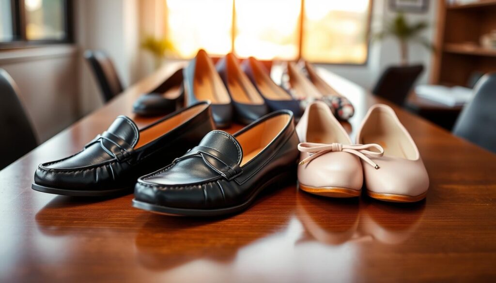 A stylish display of women's work loafers and ballet flats arranged on a sleek, polished wooden surface. In the foreground, focus on a classic pair of black leather loafers with elegant stitching, next to a chic pair of soft pink ballet flats adorned with a delicate bow. In the middle ground, showcase various styles and colors, including a pair of navy blue loafers and floral-patterned ballet flats. The background features a softly blurred office setting with warm, natural lighting filtering through an office window, creating a professional yet inviting atmosphere. The overall mood conveys comfort and sophistication, appealing for both work and casual occasions. A stylish display of women's work loafers and ballet flats arranged on a sleek, polished wooden surface. In the foreground, focus on a classic pair of black leather loafers with elegant stitching, next to a chic pair of soft pink ballet flats adorned with a delicate bow. In the middle ground, showcase various styles and colors, including a pair of navy blue loafers and floral-patterned ballet flats. The background features a softly blurred office setting with warm, natural lighting filtering through an office window, creating a professional yet inviting atmosphere. The overall mood conveys comfort and sophistication, appealing for both work and casual occasions.