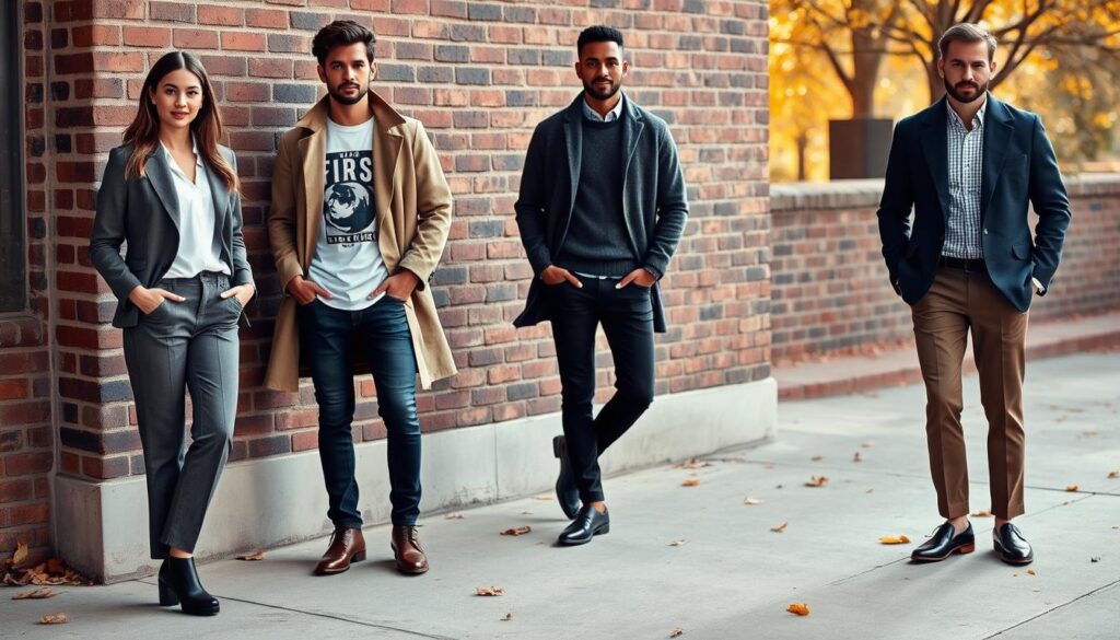 A stylish fashion scene featuring a diverse group of three individuals showcasing a mix of trendy and timeless pieces. In the foreground, a woman in a tailored blazer paired with high-waisted trousers and trendy ankle boots stands confidently. Beside her, a man wearing a classic trench coat over a modern graphic tee and sleek jeans leans casually against a vintage brick wall. In the middle ground, a well-dressed man flaunts a chic oversized sweater layered over a button-up shirt, with tailored chinos and loafers. The background hints at an autumnal setting with falling leaves and warm golden light filtering through, creating an inviting atmosphere. Capture this ensemble in a slightly elevated angle, emphasizing the subjects’ unique styles, blending contemporary and classic elements seamlessly.