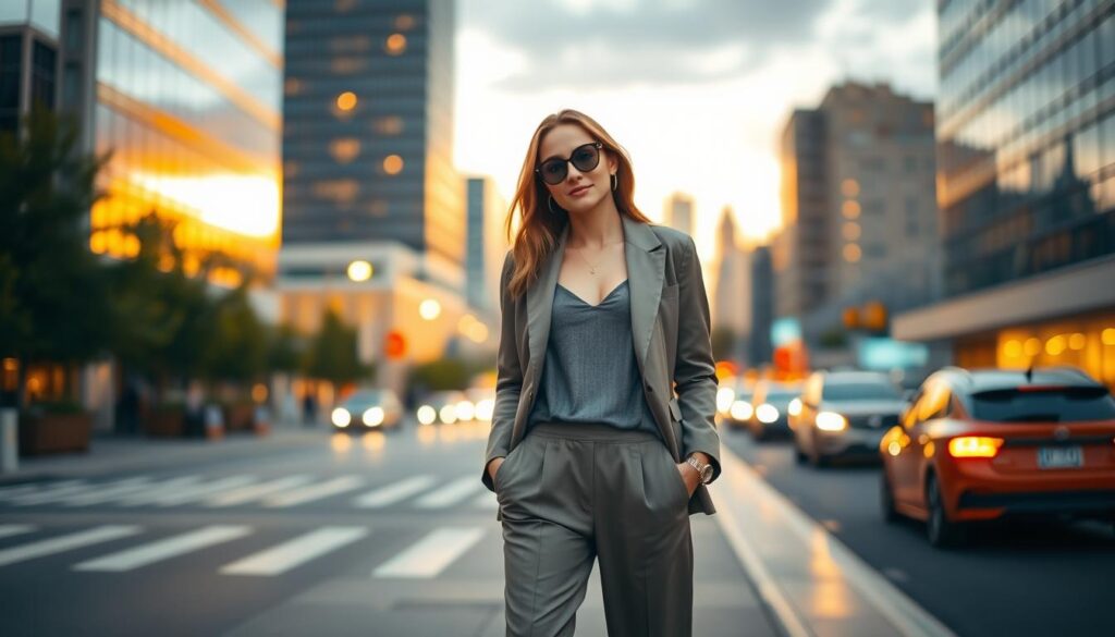 A stylish female figure standing in the foreground, modeling a chic day-to-night outfit transition. She wears a tailored blazer over a casual top paired with elegant trousers that can easily transform into a formal look with the addition of accessories. In the middle ground, a softly lit urban street scene transitions from day to evening; one side is bright with sunlight and the other bathed in warm golden hues of city lights. The background features a skyline with a dusky sky, seamlessly blending bright and dark shades. The atmosphere is lively yet relaxed, capturing the essence of effortless style. Use a shallow depth of field to focus on the outfit details while keeping the urban backdrop slightly blurred, conveying a sense of movement and transition. Aim for a bright, inviting lighting effect.