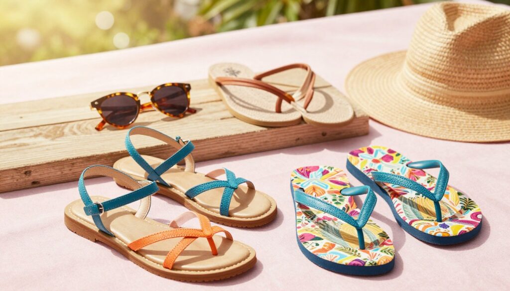 A stylish flat lay arrangement showcasing a variety of summer sandals on a soft, pastel-colored fabric background. In the foreground, feature a pair of chic strappy sandals alongside colorful, patterned flip-flops. Include bright accessory elements such as fashionable sunglasses, a wide-brimmed hat, and a woven tote bag partially visible. In the middle ground, display a lightly textured wooden surface to ground the sandals. In the background, subtly hint at a sunlit garden scene with soft bokeh effects, suggesting a warm, inviting summer atmosphere. Use natural lighting to cast soft shadows, enhancing the vibrant colors of the sandals and accessories. Capture a sense of relaxation and style, perfect for elevating summer wardrobes.