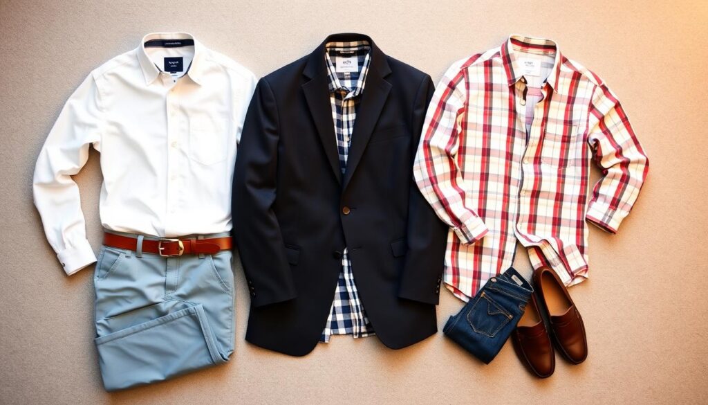 A stylish flat lay arrangement showcasing classic shirt combinations for men. In the foreground, feature a crisp white button-down shirt paired with light blue chinos, arranged neatly with a brown leather belt. Adjacent, highlight a pale plaid shirt alongside dark denim jeans, displayed with a casual navy blazer. In the middle ground, include subtle accessories like a classic wristwatch and a pair of loafers, enhancing the effortless look. The background should have a soft, blurred textile texture resembling a light gray fabric, creating depth. Use warm, natural lighting to evoke a cozy yet sophisticated atmosphere, embodying a casual but polished style. The composition should exude a sense of timeless fashion, perfect for everyday wear without any distractions.