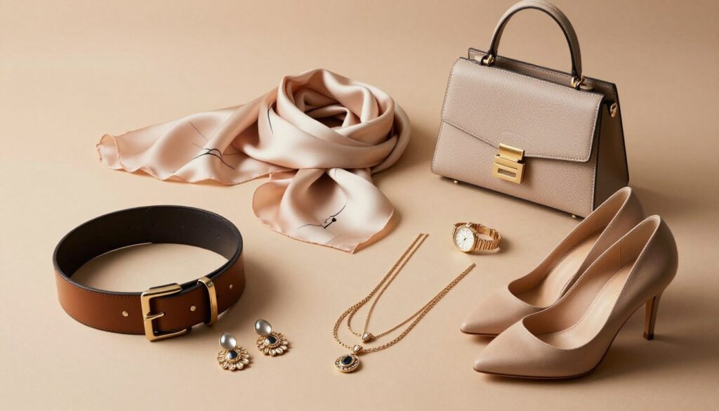 A stylish flat lay composition featuring hourglass accessories designed to enhance outfits for an hourglass figure. The foreground includes elegantly arranged items such as a cinched wide belt, statement earrings, layered necklaces, and high-heeled shoes, emphasizing a sophisticated style. In the middle ground, a soft, flowing silk scarf and a small, structured handbag add texture and depth, while a classic wristwatch balances the ensemble. The background is a gentle, gradient fabric texture in warm earth tones, creating an inviting atmosphere. The lighting is soft and diffused, casting gentle shadows to highlight the accessories' details. The overall mood is chic and aspirational, inviting viewers to visualize the enhancement of their look with these carefully chosen items.