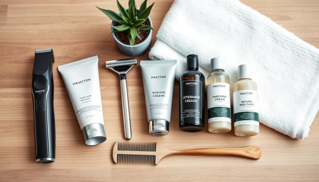 A stylish flat lay composition of body grooming essentials on a sleek wooden surface. In the foreground, display a high-quality electric trimmer, a fine-toothed grooming comb, and a luxury shaving cream tube with an elegant design. In the middle, incorporate a modern stainless steel razor, natural bamboo body brush, and a selection of organic aftershave products in minimalist packaging. The background should feature soft, blurred elements like a plush white towel and a small potted plant, creating a clean and inviting atmosphere. The lighting is soft and natural, enhancing the textures and details of the products. Capture the scene from a top-down angle, evoking a sense of sophistication and care, perfect for the stylish man's grooming routine.