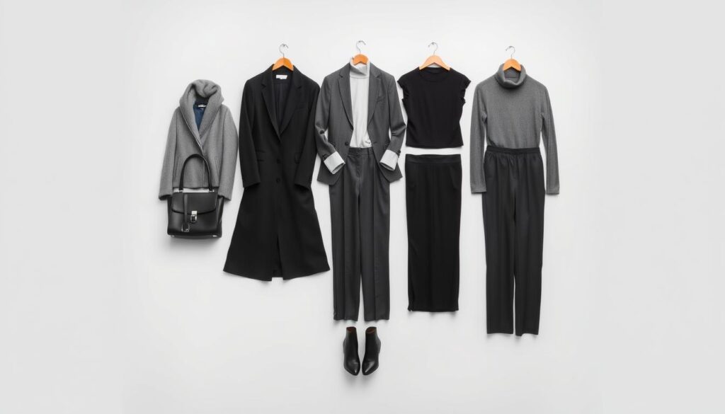 A stylish flat lay composition of monochromatic outfit styling tips, featuring elegantly arranged clothing pieces in varying shades of gray and black. Include items such as tailored trousers, a fitted blazer, a chic turtleneck, and sleek ankle boots, all meticulously placed on a minimalist backdrop. The lighting is soft and diffused, creating a calm, sophisticated atmosphere. Capture the essence of height and slimness by arranging the clothing vertically, with longer silhouettes emphasized. In the background, softly blurred decorative elements like a stylish handbag and a simple piece of modern art add an upscale touch without distracting from the main subject. The overall mood is classy and confident, inspiring viewers to embrace monochromatic styling for a taller, slimmer appearance.