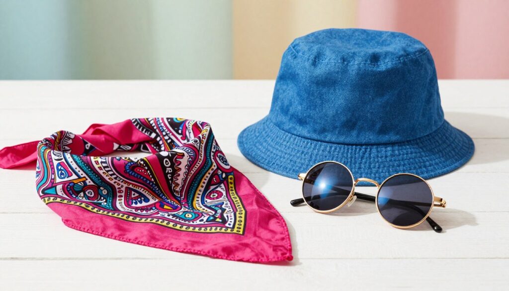 A stylish flat lay composition showcasing essential 90s accessories: a vibrant blue bucket hat with a denim texture, a colorful paisley bandana, and classic tiny round sunglasses with a reflective lens. The foreground features the accessories artfully arranged on a white wooden surface. In the middle ground, soft diffused lighting enhances the textures and colors, casting subtle shadows that add depth. The background is softly blurred, featuring muted pastel colors reminiscent of 90s nostalgia, giving a playful yet chic vibe. The mood is lighthearted and retro, evoking the spirit of 90s fashion trends while celebrating their modern resurgence. The overall setting is clean, without any text or distractions.