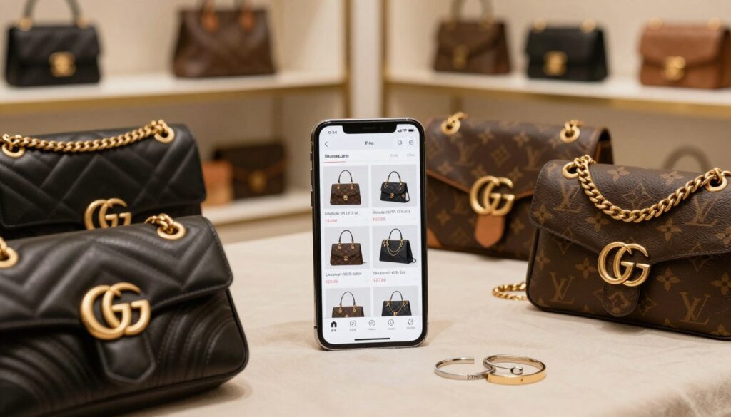 A stylish flat lay composition showcasing pre-owned luxury handbags for a resale platform. In the foreground, elegant designer bags from iconic brands like Chanel, Gucci, and Louis Vuitton are artfully arranged on a soft, neutral-colored fabric. In the middle ground, a sleek smartphone displays an upscale resale app highlighting featured bags, accented by minimalist gold and silver jewelry. The background features blurred shelves filled with additional high-end handbags, creating a sense of abundance and variety. Gentle warm lighting casts a soft glow, evoking a feeling of sophistication and luxury. The overall atmosphere is chic and inviting, tailored for discerning fashion enthusiasts. No human subjects are present, ensuring focus on the handbags and digital platform. A stylish flat lay composition showcasing pre-owned luxury handbags for a resale platform. In the foreground, elegant designer bags from iconic brands like Chanel, Gucci, and Louis Vuitton are artfully arranged on a soft, neutral-colored fabric. In the middle ground, a sleek smartphone displays an upscale resale app highlighting featured bags, accented by minimalist gold and silver jewelry. The background features blurred shelves filled with additional high-end handbags, creating a sense of abundance and variety. Gentle warm lighting casts a soft glow, evoking a feeling of sophistication and luxury. The overall atmosphere is chic and inviting, tailored for discerning fashion enthusiasts. No human subjects are present, ensuring focus on the handbags and digital platform.