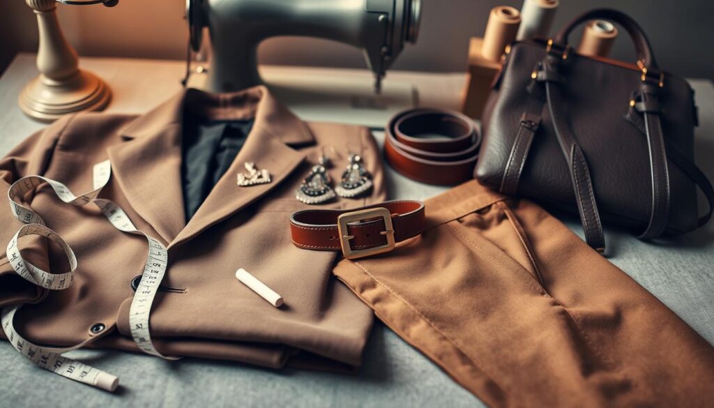 A stylish flat lay composition showcasing tailoring and accessorizing tips. In the foreground, neatly folded tailored garments like a blazer and trousers in muted earth tones, accompanied by a measuring tape and tailor’s chalk. The middle layer features elegant accessories: a pair of statement earrings, a trendy belt, and a chic handbag, all arranged attractively. The background has a soft, blurred sewing machine and spools of thread, creating an inviting atmosphere. Warm, diffused lighting casts a gentle glow, emphasizing the textures of the fabrics and accessories. The overall mood is sophisticated and inspirational, reflecting a blend of creativity and practicality in style upgrades. A stylish flat lay composition showcasing tailoring and accessorizing tips. In the foreground, neatly folded tailored garments like a blazer and trousers in muted earth tones, accompanied by a measuring tape and tailor’s chalk. The middle layer features elegant accessories: a pair of statement earrings, a trendy belt, and a chic handbag, all arranged attractively. The background has a soft, blurred sewing machine and spools of thread, creating an inviting atmosphere. Warm, diffused lighting casts a gentle glow, emphasizing the textures of the fabrics and accessories. The overall mood is sophisticated and inspirational, reflecting a blend of creativity and practicality in style upgrades.