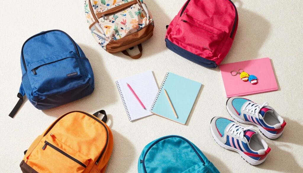 A stylish flat lay of essential back-to-school fashion items for teen girls, featuring colorful backpacks, trendy sneakers, and a selection of accessories like stylish notebooks and cute keychains. The backpacks should vary in design, showcasing bright patterns and textures, while the shoes should reflect modern styles in vibrant colors. Arrange these items on a clean, textured surface, with soft natural lighting casting gentle shadows to create depth. Use a wide-angle lens to capture the entire setup, emphasizing the vibrant colors and details of the accessories. The atmosphere should be youthful and energetic, reflecting the excitement of going back to school, with a focus on creating a sense of style and individuality.