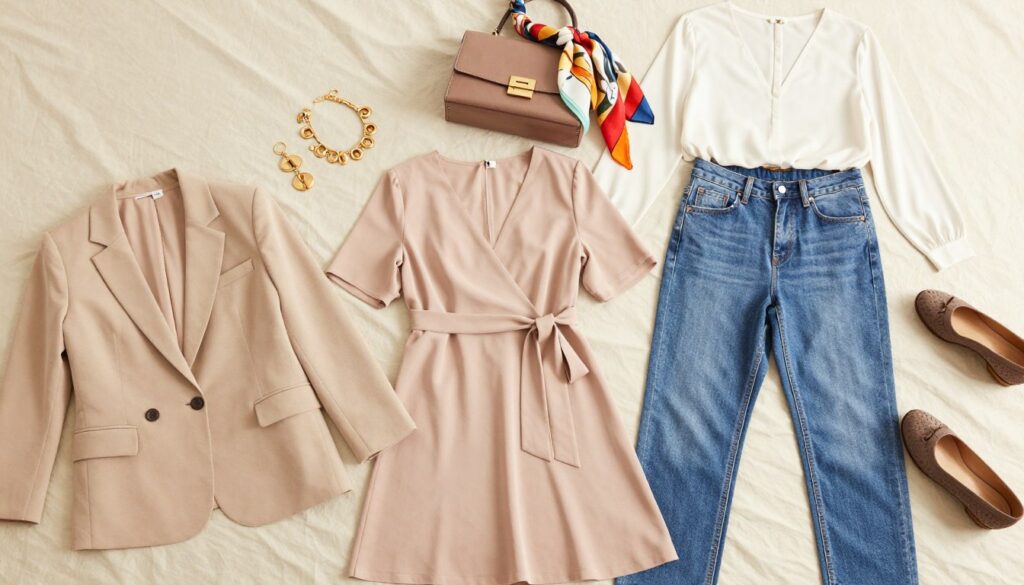 A stylish flat lay of essential wardrobe pieces for curvy women, featuring a variety of flattering outfits. In the foreground, include a tailored blazer, a classic wrap dress, high-waisted jeans, a chic blouse, and comfortable yet stylish shoes. In the middle layer, showcase accessories like statement jewelry, a stylish handbag, and a colorful scarf. The background should be a soft, neutral fabric that complements the clothing items, adding warmth to the scene. Use bright, natural lighting to enhance the colors and textures of the fabrics, creating an inviting atmosphere. The angle should be slightly elevated to capture all elements harmoniously, conveying a sense of elegance and confidence in fashion.