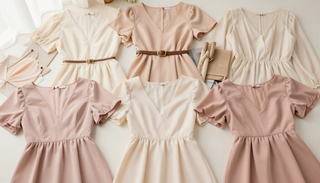 A stylish flat lay of various dresses designed for an apple body shape, showcasing flattering necklines and sleeves. In the foreground, a range of dresses with V-necks, scoop necks, and off-the-shoulder designs are neatly arranged, highlighting their unique sleeve styles like flutter sleeves and cap sleeves. The middle layer includes fabric swatches and accessories, including belts that draw attention to the waist. The background features a soft pastel color palette that creates a warm, inviting atmosphere, complemented by soft natural lighting that enhances the textures of the fabrics. The scene conveys elegance and sophistication, aimed at showcasing the best style elements for enhancing an apple body shape.