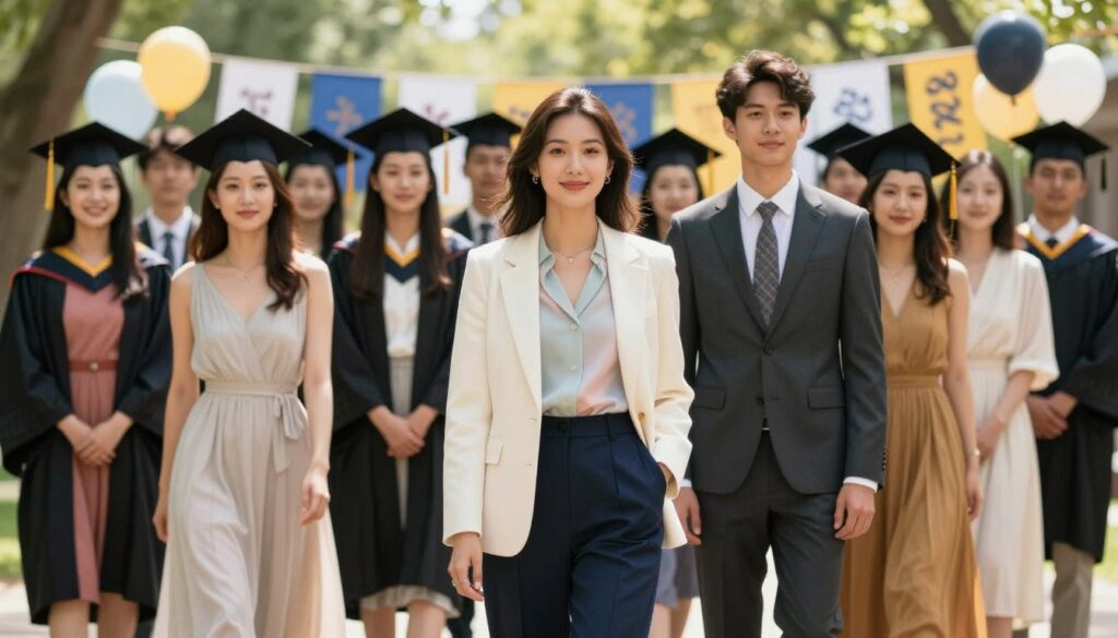 A stylish graduation outfit inspiration scene, featuring a diverse group of graduates standing together in a vibrant outdoor setting, with soft, diffused sunlight filtering through trees. In the foreground, a confident young woman is wearing a tailored ivory blazer over a pastel blouse and high-waisted navy trousers. Next to her, a young man sports a classic charcoal suit with a crisp white shirt and a patterned tie. The middle ground includes a group of graduates in flowing, elegant summer dresses and smart casual attire, showcasing a variety of colors and styles. In the background, decorated graduation banners and balloons create a celebratory atmosphere. The scene captures the excitement and joy of graduation day, with a warm and inspiring ambiance, shot with a shallow depth of field to emphasize the outfits.