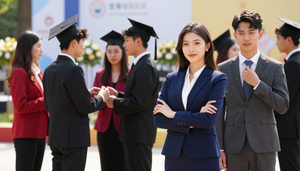 A stylish graduation scene featuring diverse young adults dressed in smart suits and tailored outfits. In the foreground, a confident young woman in a sharp navy blue tailored suit stands with her arms crossed, exuding professionalism. Beside her, a young man in a charcoal gray suit adjusts his tie, showcasing a sense of preparedness. The middle ground reveals a group of graduates mingling, some in classic black suits, others in trendy colored blazers, all with sophisticated accessories. The background showcases a graduation ceremony setting with banners and floral decorations, softly blurred for depth. The lighting is bright and celebratory, casting a warm glow over the scene, reminiscent of a sunny spring day. The mood is uplifting and filled with the excitement of achievement. The image captures a moment of elegance and accomplishment without any text or distractions.