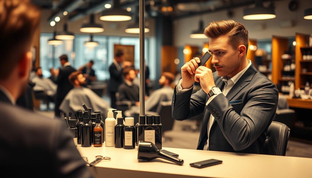 A stylish grooming scene in a modern barbershop setting focusing on hair care techniques for men. In the foreground, a man in smart-casual attire carefully applies hair product using a comb in front of a large mirror, showcasing a sharp look. The middle layer features various grooming tools like scissors, a blow dryer, and a variety of hair care products on a sleek countertop. In the background, the barbershop is bustling with activity, featuring other clients receiving haircuts in a well-lit, inviting atmosphere. Soft, warm lighting enhances the inviting ambiance, while a shallow depth of field focuses on the man’s technique. The overall mood is sophisticated yet relaxed, reflecting the importance of proper hair care in achieving a polished appearance.