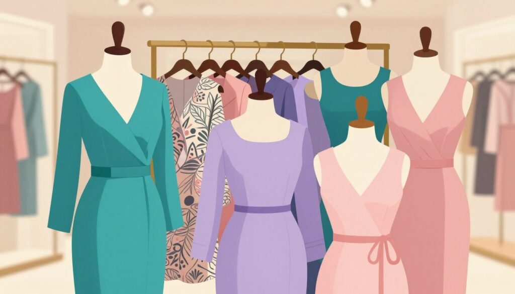 A stylish illustration showcasing a variety of flattering necklines designed for pear-shaped body types. In the foreground, feature a mannequin displaying a range of outfits, including a soft surplice neckline, a boat neck, and a classic V-neck, all in vibrant colors like teal, lavender, and soft pink. The middle ground should include a tailored rack with beautifully arranged patterns and textures that highlight the diversity of necklines suitable for balance and proportion. In the background, softly blurred silhouettes of elegant clothing stores or a fashion runway, with warm, inviting lighting that casts a glow on the garments. Capture a bright, uplifting mood that conveys elegance, sophistication, and confidence in styling choices.