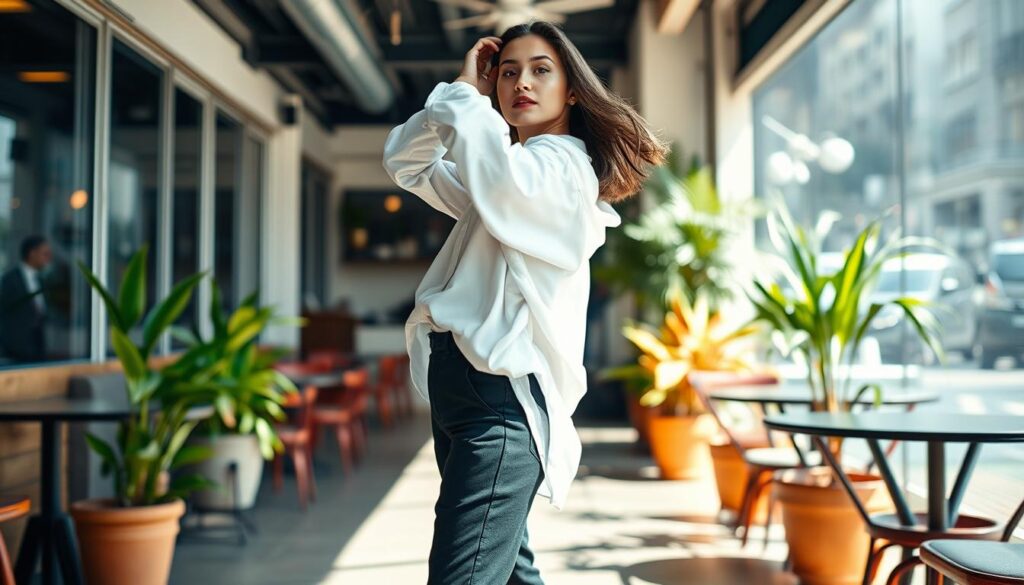 A stylish individual confidently poses in a relaxed urban setting, showcasing the art of balancing proportions with an oversized shirt. The foreground features the person in a flowing, oversized white shirt, rolled-up sleeves, and tailored black high-waisted trousers, creating a chic silhouette. Soft natural light enhances the outfit's textures, casting gentle shadows that bring depth to the scene. In the middle, the backdrop consists of a trendy café with colorful potted plants and minimalist furniture, emphasizing a laid-back yet fashionable atmosphere. A shallow depth of field blurs the background slightly, drawing focus to the outfit’s details. The mood is vibrant and modern, reflecting a sense of effortless style and confidence, perfect for illustrating fashion-forward tips.