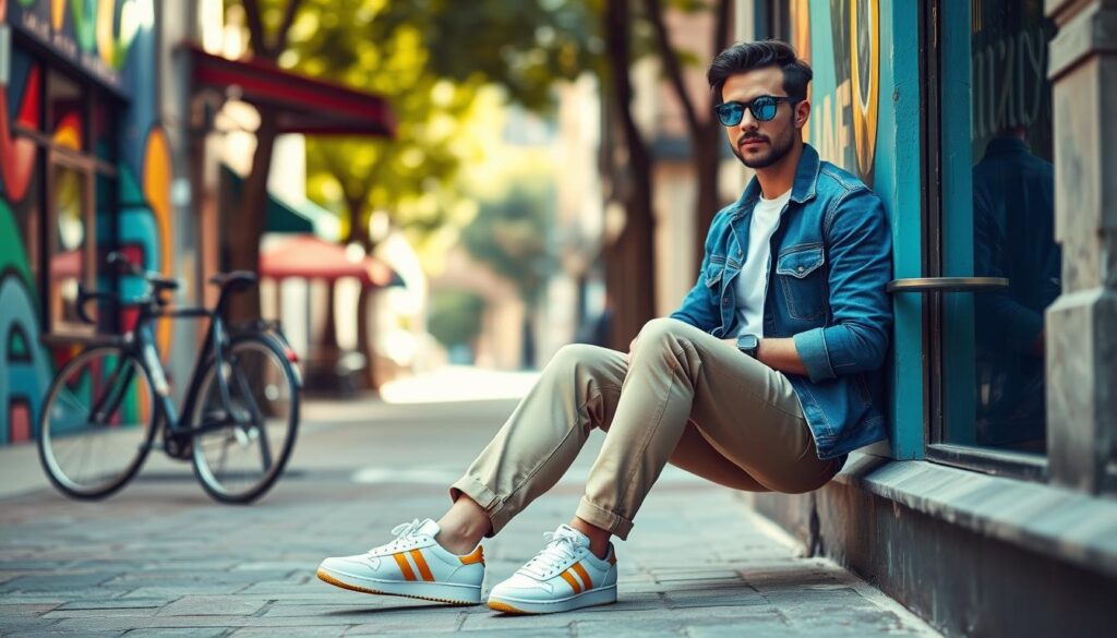 A stylish individual is casually seated on a vibrant city street, showcasing how to style sneakers with any outfit. The person wears a well-fitted denim jacket over a classic white t-shirt, paired with tailored chinos and eye-catching sneakers that pop in color. In the foreground, lean against a colorful mural that adds character to the scene. The middle ground features urban elements like a bicycle leaning against a wall and a café with outdoor seating in soft focus. The background includes blurred city architecture, suggesting liveliness and movement. Natural sunlight filters through nearby trees, casting soft shadows and creating a warm, inviting atmosphere. The composition captures a relaxed yet fashionable vibe, perfect for inspiring sneaker styling ideas.