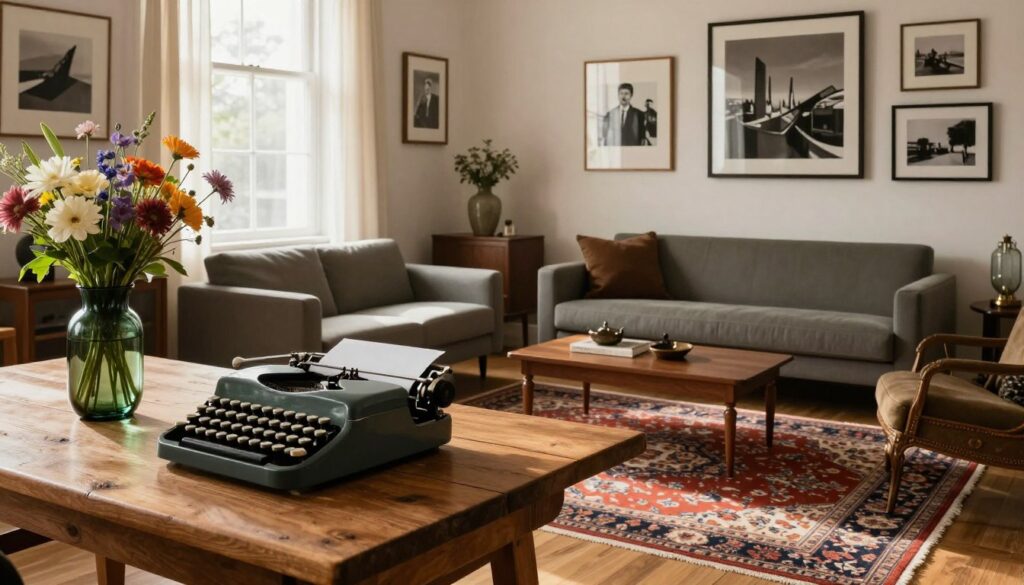 A stylish interior scene that blends vintage and modern elements harmoniously. In the foreground, a rustic wooden table adorned with a vintage typewriter and a dark green glass vase filled with fresh flowers, bathed in warm afternoon light. In the middle, sleek, contemporary furniture with clean lines sitting beside ornate, antique pieces, like a richly patterned area rug that bridges the styles. The background features a sunlit window with sheer curtains, letting natural light illuminate the juxtaposition of mid-century modern art on the walls alongside framed black-and-white photographs from the past. The overall mood is inviting and nostalgic, evoking a sense of warmth and timeless elegance. The shot is taken from a slightly elevated angle, showcasing both the vintage charm and modern simplicity seamlessly integrated, without any text or watermarks. A stylish interior scene that blends vintage and modern elements harmoniously. In the foreground, a rustic wooden table adorned with a vintage typewriter and a dark green glass vase filled with fresh flowers, bathed in warm afternoon light. In the middle, sleek, contemporary furniture with clean lines sitting beside ornate, antique pieces, like a richly patterned area rug that bridges the styles. The background features a sunlit window with sheer curtains, letting natural light illuminate the juxtaposition of mid-century modern art on the walls alongside framed black-and-white photographs from the past. The overall mood is inviting and nostalgic, evoking a sense of warmth and timeless elegance. The shot is taken from a slightly elevated angle, showcasing both the vintage charm and modern simplicity seamlessly integrated, without any text or watermarks.