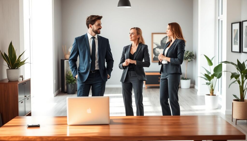 A stylish man and woman standing confidently in a modern office setting, embodying suit etiquette and coordination. The man wears a tailored navy blue suit with a crisp white shirt, complemented by a stylish tie. The woman is dressed in a chic charcoal gray pantsuit with a fitted blouse. They engage in an animated conversation, showcasing body language that reflects professionalism and confidence. In the foreground, an elegant wooden desk with a laptop and stylish accessories adds to the office ambiance. The middle ground features large windows allowing soft, natural light to illuminate the scene, creating a warm and inviting atmosphere. The background reveals a minimalist yet sophisticated workspace decorated with potted plants and art, enhancing the overall corporate feel. No text or logos visible.