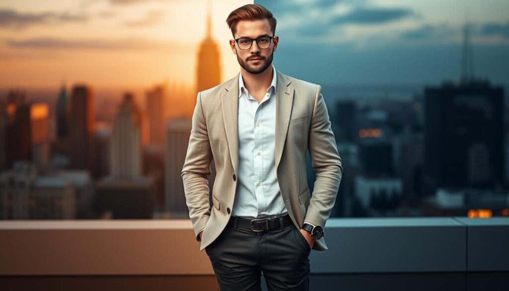 A stylish man standing confidently against a split background that transitions from day to night. In the foreground, he wears a classic light-colored blazer over a crisp white shirt paired with tailored chinos, embodying a smart-casual day look. Transitioning to the evening, he wears a dark watch and swaps his chinos for sleek black trousers, enhancing his elegant night outfit. The middle ground shows a cityscape skyline, with warm afternoon sunlight transitioning to a sophisticated evening glow. Soft, diffused lighting highlights the textures of his attire, while a shallow depth of field blurs the background slightly, focusing attention on the versatility of the outfit. The overall mood is polished, versatile, and stylish, ideal for a modern man navigating both professional and social settings throughout the day. A stylish man standing confidently against a split background that transitions from day to night. In the foreground, he wears a classic light-colored blazer over a crisp white shirt paired with tailored chinos, embodying a smart-casual day look. Transitioning to the evening, he wears a dark watch and swaps his chinos for sleek black trousers, enhancing his elegant night outfit. The middle ground shows a cityscape skyline, with warm afternoon sunlight transitioning to a sophisticated evening glow. Soft, diffused lighting highlights the textures of his attire, while a shallow depth of field blurs the background slightly, focusing attention on the versatility of the outfit. The overall mood is polished, versatile, and stylish, ideal for a modern man navigating both professional and social settings throughout the day.