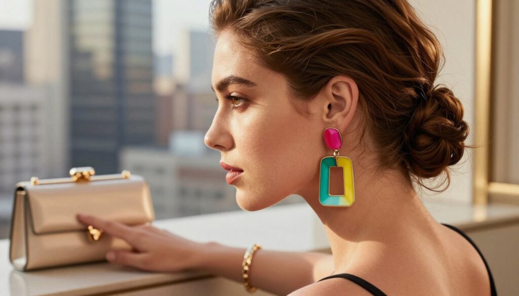 A stylish model showcasing a chic hairstyle complemented by bold, statement earrings. The foreground features the model with a confidently styled updo, adorned with vibrant and oversized earrings that catch the light, adding flair to her look. In the middle ground, softly blurred accessories such as a fashionable clutch and a delicate bracelet emphasize elegance without distraction. The background showcases a modern cityscape to evoke a cosmopolitan atmosphere, bathed in warm, ambient lighting that enhances the overall brightness of the scene. The angle captures a slight side profile of the model, highlighting the earrings while maintaining a polished appearance. The mood is sophisticated and stylish, perfect for illustrating expert styling advice on accessorizing with statement earrings. A stylish model showcasing a chic hairstyle complemented by bold, statement earrings. The foreground features the model with a confidently styled updo, adorned with vibrant and oversized earrings that catch the light, adding flair to her look. In the middle ground, softly blurred accessories such as a fashionable clutch and a delicate bracelet emphasize elegance without distraction. The background showcases a modern cityscape to evoke a cosmopolitan atmosphere, bathed in warm, ambient lighting that enhances the overall brightness of the scene. The angle captures a slight side profile of the model, highlighting the earrings while maintaining a polished appearance. The mood is sophisticated and stylish, perfect for illustrating expert styling advice on accessorizing with statement earrings.