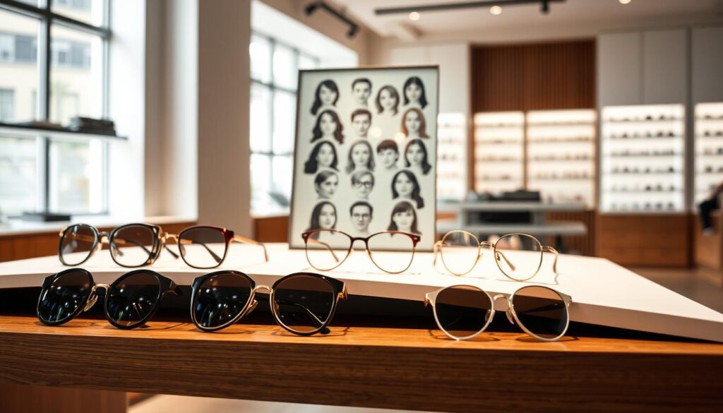 A stylish, modern eyewear display featuring various sunglasses frame shapes arranged on a sleek, minimalist wooden table. In the foreground, showcase a variety of frame styles including oval, square, cat-eye, and round, each elegantly lit to highlight their unique designs. The middle ground includes a soft-focus mirror reflecting an array of face shapes, subtly suggesting the importance of selection. In the background, a bright, airy boutique setting with neutral-colored walls and natural light streaming through large windows creates an inviting atmosphere. The overall mood is chic and informative, emphasizing the art of choosing the right sunglasses frame shape for different face types, with a clean, professional presentation. A stylish, modern eyewear display featuring various sunglasses frame shapes arranged on a sleek, minimalist wooden table. In the foreground, showcase a variety of frame styles including oval, square, cat-eye, and round, each elegantly lit to highlight their unique designs. The middle ground includes a soft-focus mirror reflecting an array of face shapes, subtly suggesting the importance of selection. In the background, a bright, airy boutique setting with neutral-colored walls and natural light streaming through large windows creates an inviting atmosphere. The overall mood is chic and informative, emphasizing the art of choosing the right sunglasses frame shape for different face types, with a clean, professional presentation.