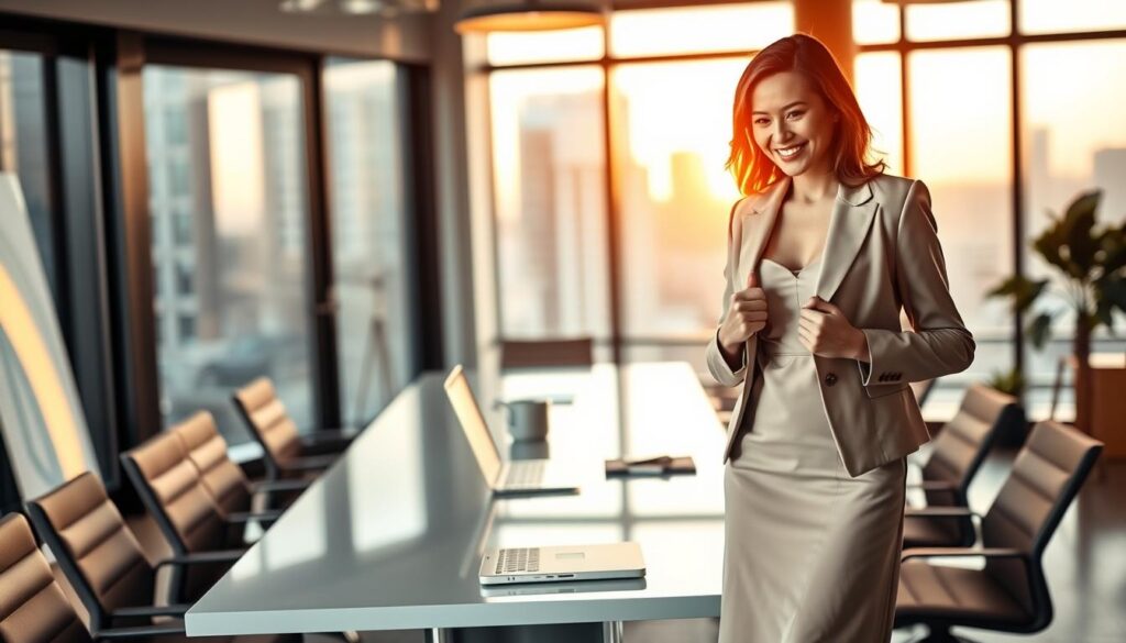A stylish office setting showcasing a professional woman transitioning from a day at work to an elegant after-hours work event. In the foreground, she is thoughtfully adjusting her blazer over a chic knee-length dress, with a confident smile. Her attire is a tasteful blend of modern trends—soft pastel colors, elegant lines, and modest neckline. In the middle, a sleek conference table is adorned with chic office supplies and a laptop, hinting at a productive day. In the background, large windows allow warm, natural light to spill in, creating a welcoming atmosphere with a city skyline view. The mood is one of professionalism mixed with excitement, emphasizing the seamless transition between work and social life. Use a shallow depth of field to focus on the woman, capturing her poised demeanor and stylish look.