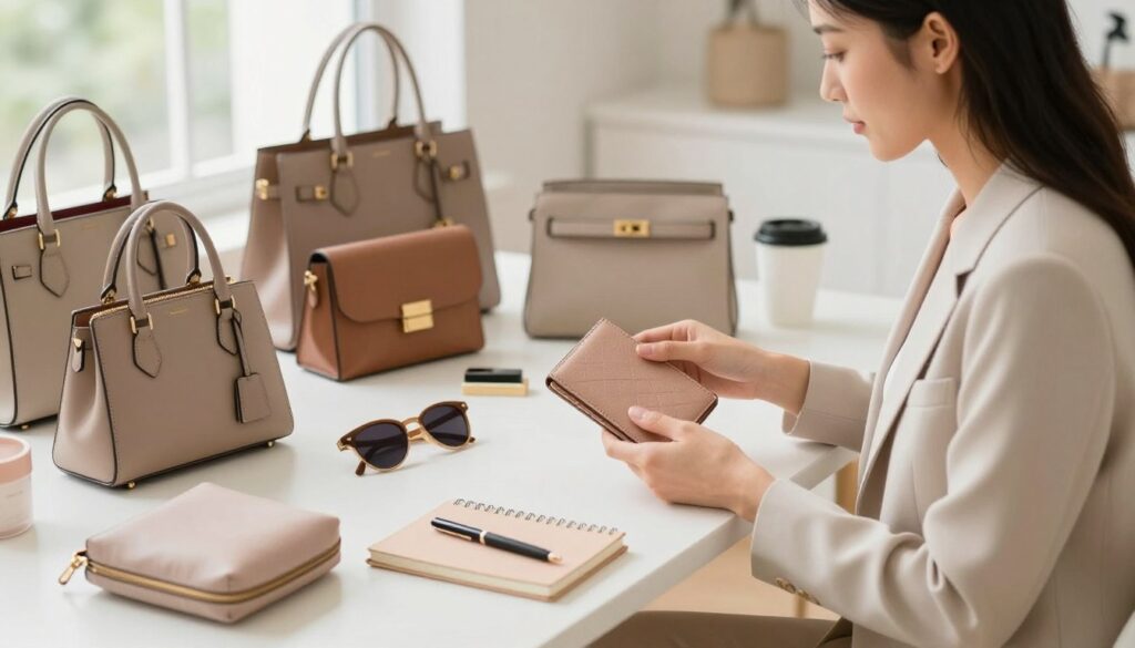 A stylish, organized workspace featuring a neatly arranged selection of daily essentials for handbag selection. In the foreground, an elegant woman in professional business attire is thoughtfully reviewing a compact wallet, sunglasses, a makeup pouch, and a small notebook. The middle ground showcases an array of upscale handbags displayed on a chic table, each styled uniquely yet harmoniously. The background hints at soft, natural light filtering through a window, creating a warm and inviting atmosphere. The setting is minimalist, with a light color palette of white and pastel tones, evoking a sense of calm and organization. The scene captures the essence of thoughtful decision-making in choosing the right handbag, emphasizing practicality and style.