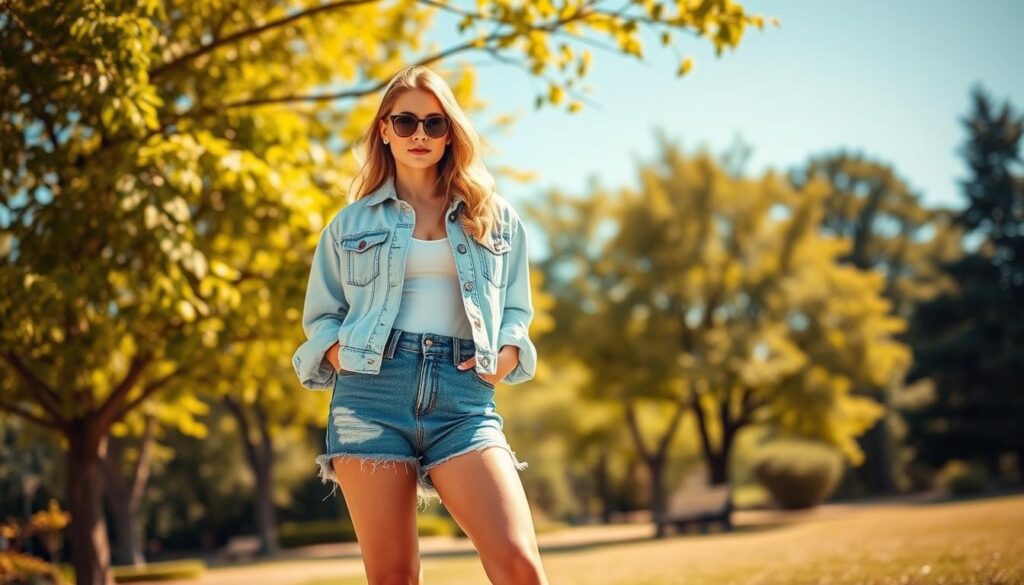 A stylish outdoor scene featuring a model wearing chic denim shorts paired with a light denim jacket. The model is standing confidently in the foreground, showcasing the outfit's casual elegance. The shorts are frayed, giving them a trendy look, while the jacket is slightly oversized for a relaxed vibe. The background features a sunny park setting with vibrant green trees and a clear blue sky. Soft natural lighting highlights the textures of the denim and creates a warm, summery atmosphere. The camera angle is slightly low, enhancing the model's outfit and creating depth in the composition. This image should evoke a sense of freshness and style, perfect for a summer fashion guide.