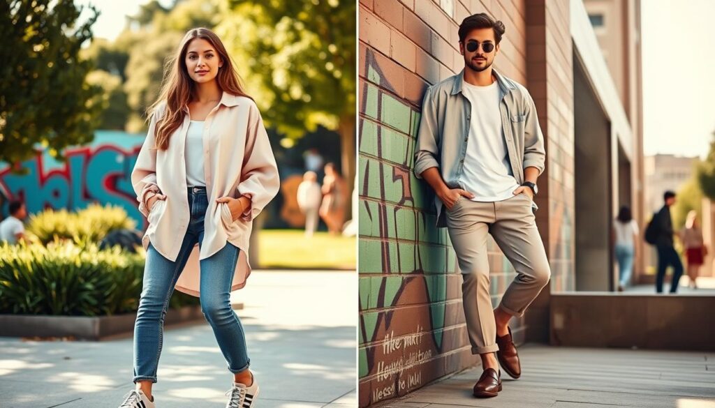 A stylish outdoor scene featuring different models showcasing casual oversized shirt outfits in a trendy urban environment. In the foreground, a young woman wearing a soft, pastel-colored oversized shirt, paired with fitted jeans and stylish sneakers, poses casually with a confident smile and hands in her pockets. Beside her, a man models a light denim oversized shirt layered over a plain white t-shirt, combined with cropped chinos and loafers, leaning against a colorful graffiti wall. In the background, a sunlit park adds a relaxing vibe, with people casually enjoying their day. The image captures warm, natural lighting that enhances the relaxed, chic atmosphere, shot from a slightly elevated angle to encompass both models and the vibrant surroundings. The overall mood is trendy and laid-back, perfect for inspiring casual outfit ideas.