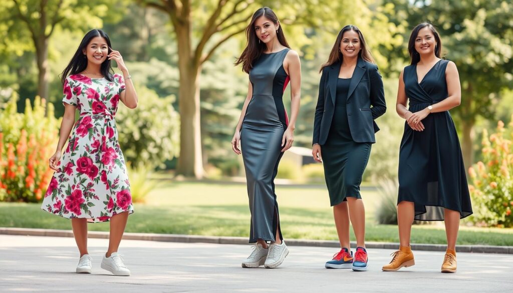A stylish outdoor scene featuring three women showcasing the art of pairing sneakers with different dress styles. In the foreground, a woman in a vibrant floral midi dress paired with white sneakers strikes a playful pose. To her left, a woman in a sleek, form-fitting maxi dress contrasts elegantly with dazzling, high-top sneakers, conveying sophistication. To her right, a woman in a trendy mini dress completes the trio, wearing colorful low-top sneakers, adding a casual flair. The background blends a soft, sunlit park setting with lush greenery and flowers. Soft, natural lighting enhances the cheerful atmosphere, while a shallow depth of field draws attention to the outfits. The overall mood is fresh, fashionable, and inspiring, showcasing versatility in style.