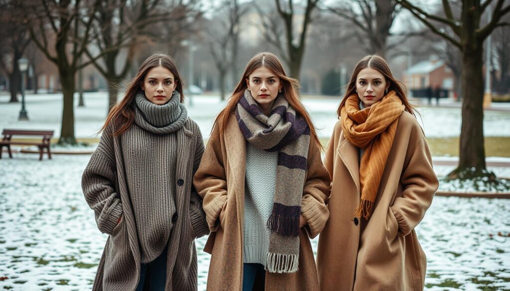 A stylish outdoor scene showcasing fashionable layering techniques for cold weather. In the foreground, a diverse group of three models dressed in chic layered outfits, including oversized sweaters, long coats, and scarves, exuding a sense of warmth and comfort. The middle ground features a gently snow-covered park with leafless trees, enhancing the wintry atmosphere. Soft, diffused natural light highlights the textures of the fabrics while casting gentle shadows. A slightly elevated angle captures the intricate layering details, allowing the viewer to appreciate both functionality and fashion. The mood is cozy yet trendy, inviting the audience to embrace winter with style while staying warm. A stylish outdoor scene showcasing fashionable layering techniques for cold weather. In the foreground, a diverse group of three models dressed in chic layered outfits, including oversized sweaters, long coats, and scarves, exuding a sense of warmth and comfort. The middle ground features a gently snow-covered park with leafless trees, enhancing the wintry atmosphere. Soft, diffused natural light highlights the textures of the fabrics while casting gentle shadows. A slightly elevated angle captures the intricate layering details, allowing the viewer to appreciate both functionality and fashion. The mood is cozy yet trendy, inviting the audience to embrace winter with style while staying warm.