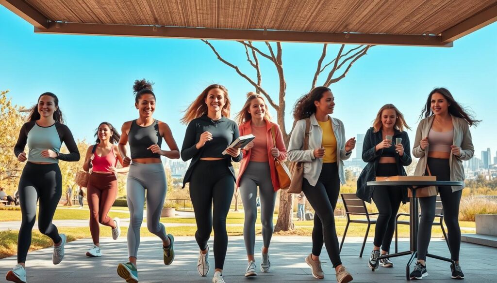 A stylish outdoor scene showcasing women in versatile athleisure outfits suitable for various occasions. In the foreground, a diverse group of women, ages 20 to 40, are dressed in modern athleisure attire, including high-waisted leggings, fitted tops, and lightweight jackets. They engage in activities like jogging, grocery shopping, and meeting friends at a café. The middle ground features a vibrant park setting with trees and walking paths, while the distant background highlights a cityscape under a bright blue sky. The lighting is warm and natural, emanating a lively, energetic atmosphere. Capture the scene from a slightly elevated angle, emphasizing movement and comfort in the outfits, promoting a sense of versatility and style.