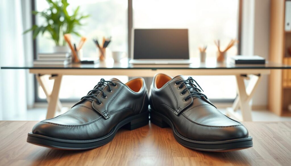 A stylish pair of comfort-driven footwear, emphasizing a blend of professional elegance and practicality. The shoes are displayed prominently in the foreground, showcasing their versatile design with soft leather and cushioned soles. In the middle ground, a well-organized workspace features a sleek wooden desk, a laptop, and neatly arranged stationery, hinting at a productive atmosphere. The background includes soft-focus light filtering through a large window, casting a warm glow on the entire scene, creating an inviting ambiance. The mood is professional yet relaxed, portraying the essential role of comfortable footwear in achieving daily success. Perfectly captured from a slightly elevated angle, the image reflects both functionality and sophistication without any distractions or text.