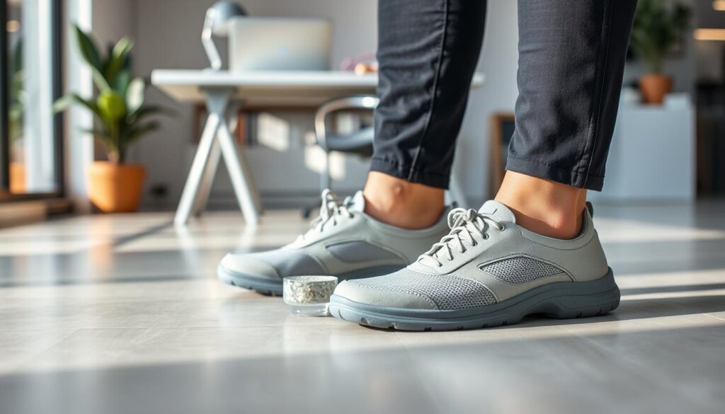 A stylish pair of comfortable work shoes designed for both men and women, prominently displayed in the foreground on a smooth, polished office floor. The shoes feature a sleek design with breathable materials, subtle cushioning, and a neutral color scheme that emphasizes versatility. Soft, natural lighting illuminates the shoes, casting gentle shadows that enhance their contours and textures. In the middle ground, blurred office elements like a desk with a laptop and a stylish plant create a professional atmosphere, while the background includes hints of modern office decor. The overall mood conveys a sense of professionalism and comfort, appealing to individuals who prioritize both style and practicality in their work attire. A stylish pair of comfortable work shoes designed for both men and women, prominently displayed in the foreground on a smooth, polished office floor. The shoes feature a sleek design with breathable materials, subtle cushioning, and a neutral color scheme that emphasizes versatility. Soft, natural lighting illuminates the shoes, casting gentle shadows that enhance their contours and textures. In the middle ground, blurred office elements like a desk with a laptop and a stylish plant create a professional atmosphere, while the background includes hints of modern office decor. The overall mood conveys a sense of professionalism and comfort, appealing to individuals who prioritize both style and practicality in their work attire.