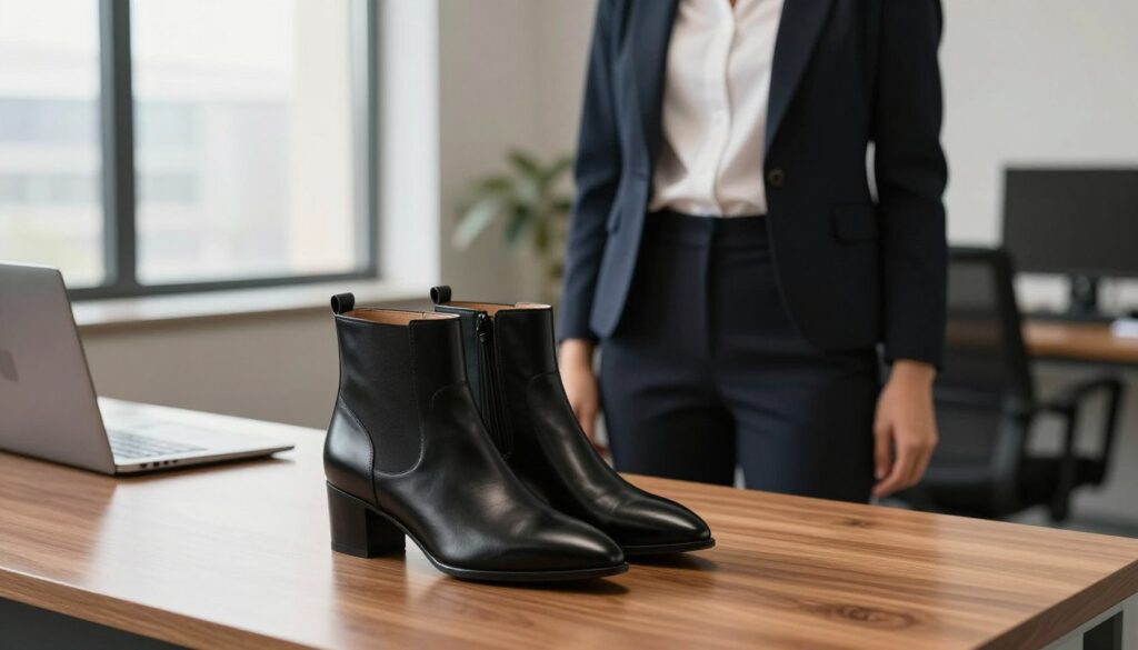 A stylish pair of office ankle boots in sleek black leather, elegantly positioned on a polished wooden desk. In the foreground, a close-up view highlights the boots, showcasing their pointed toe and subtle heel, emphasizing their sophisticated design. In the middle ground, a well-dressed businesswoman in smart casual attire—a tailored blazer, crisp white shirt, and fitted trousers—stands confidently beside the desk, exuding professionalism and chic style. The background features a modern office environment with large windows allowing natural light to flood in, illuminating the space and creating a warm atmosphere. Soft shadows enhance the mood, suggesting a productive day ahead. The overall composition captures the essence of elevating both office and casual ensembles with ankle boots as a versatile choice. A stylish pair of office ankle boots in sleek black leather, elegantly positioned on a polished wooden desk. In the foreground, a close-up view highlights the boots, showcasing their pointed toe and subtle heel, emphasizing their sophisticated design. In the middle ground, a well-dressed businesswoman in smart casual attire—a tailored blazer, crisp white shirt, and fitted trousers—stands confidently beside the desk, exuding professionalism and chic style. The background features a modern office environment with large windows allowing natural light to flood in, illuminating the space and creating a warm atmosphere. Soft shadows enhance the mood, suggesting a productive day ahead. The overall composition captures the essence of elevating both office and casual ensembles with ankle boots as a versatile choice.