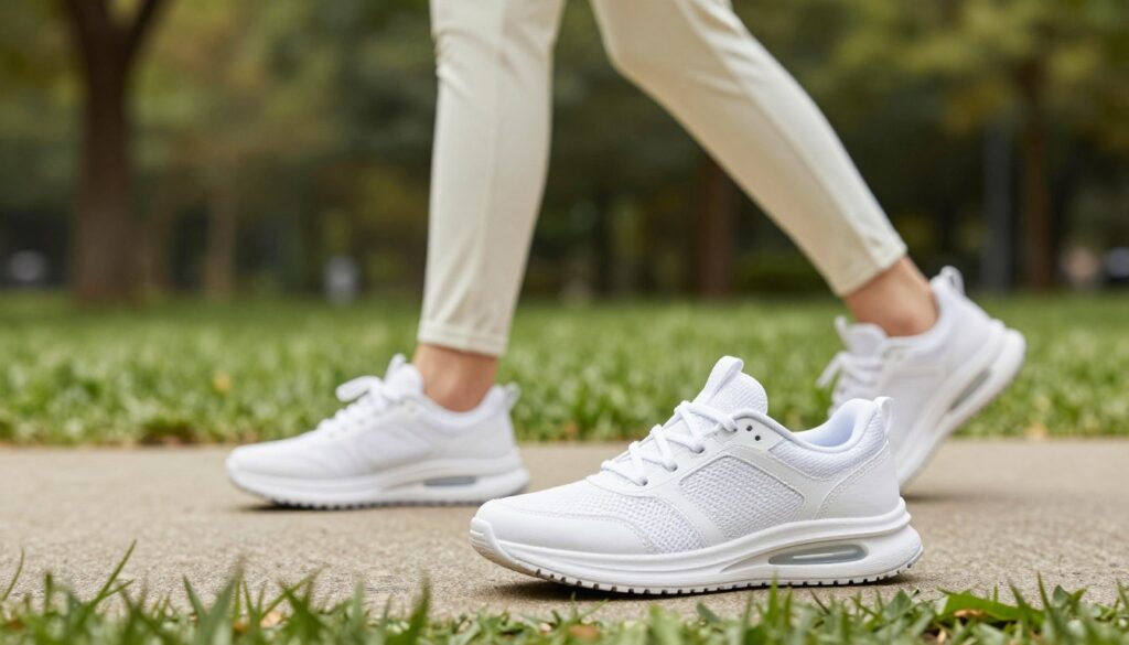 A stylish pair of white sneakers designed for women, prominently displayed in the foreground, showcasing arch support features ideal for long walks. The sneakers are resting on a lush green park pathway, with soft cushioning visibly illustrated around the arch area. In the middle background, a blurred image of a woman in comfortable, modest athletic wear is seen walking briskly, embodying the essence of comfort and performance. The lighting is bright and natural, creating an inviting and fresh atmosphere, as sunlight filters through surrounding trees. The camera angle is slightly lower, emphasizing the sneakers and their supportive features while capturing the dynamic movement of the walker. The overall mood is energetic and uplifting, highlighting the importance of comfort in footwear for extensive use.