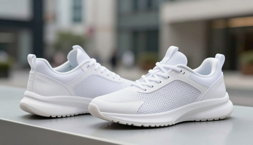A stylish pair of white sneakers, showcasing various comfort features like cushioned insoles and breathable mesh material, prominently displayed in the foreground on a sleek, modern surface. The sneakers are angled to highlight their design, with a focus on their arch support and flexible sole. In the middle, soft, diffused lighting enhances the reflective surfaces, creating a fresh and inviting atmosphere that emphasizes the pristine white color. The background features a blurred urban environment, suggesting a dynamic lifestyle and the versatility of the sneakers. The overall mood is contemporary and energetic, capturing the essence of fashion and comfort for women.