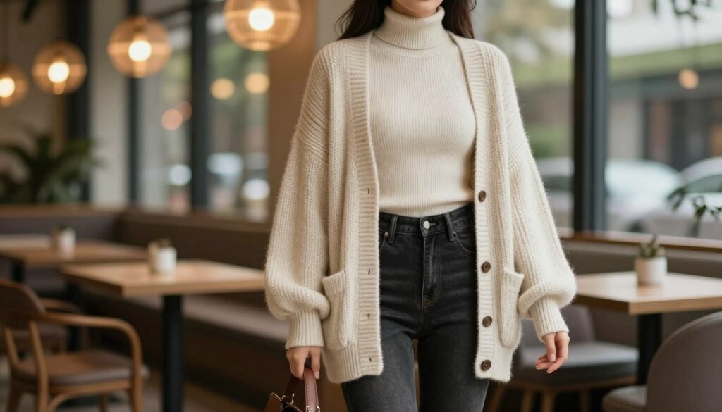 A stylish pear-shaped woman models trendy knitwear, featuring a cozy oversized cardigan layered over a fitted turtleneck, accentuating her curves while providing a fashionable silhouette. The outfit includes dark high-waisted jeans and ankle boots, showcasing a modern blend of comfort and chicness. In the foreground, the focus captures intricate knit patterns and textures that speak to contemporary fashion. The middle ground shows a softly lit café setting with warm ambient light filtering through large windows, creating a cozy atmosphere. The background features blurred greenery, enhancing the outdoor feel while allowing the knitwear to stand out as the centerpiece. The overall mood is inviting and stylish, perfect for fall layering techniques. Shot with a shallow depth of field, highlighting the outfit's details.