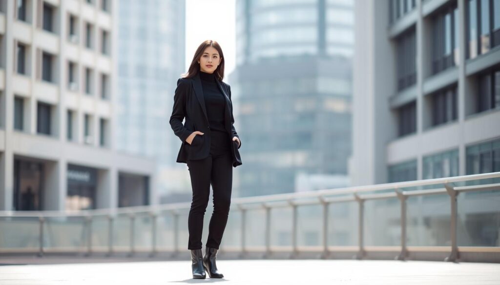 A stylish petite woman confidently wearing a chic monochrome outfit, standing in an urban setting. She sports a tailored black blazer over a fitted black turtleneck, complemented by sleek black trousers and elegant ankle boots. The outfit beautifully emphasizes her silhouette, lending an air of sophistication. Soft, diffused natural light illuminates her from the side, casting delicate shadows that enhance the contours of her figure. In the background, a blurred cityscape features modern architecture, creating a contemporary vibe. The color palette is minimalistic with shades of black, grey, and subtle textures to add depth. The mood is empowering and fashionable, highlighting the elegance of monochrome looks for petite frames.
