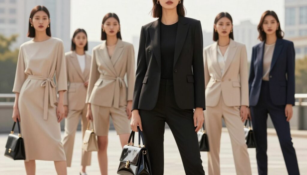 A stylish petite woman stands confidently in a chic urban setting, showcasing an array of monochrome outfits. She is wearing a tailored black blazer over a matching fitted top and slim trousers, accentuating her figure. In the foreground, she holds a fashionable handbag, reflecting her elegant style. The middle ground features other petite models dressed in various shades of beige and navy, each outfit highlighting different textures and layering techniques, such as a monochrome dress or a minimalist jumpsuit. The background shows a soft-focus cityscape, bathed in warm daylight, creating a bright and inviting atmosphere. The shot is taken from a slight low angle, emphasizing the height and poise of the models, with soft diffused lighting to enhance the visual appeal.